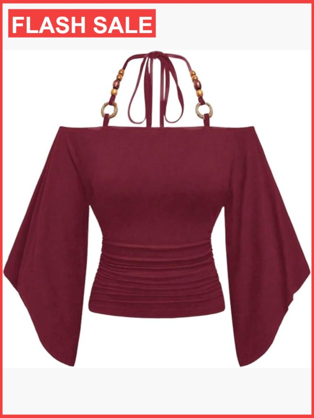Off Shoulder Halter Top with Flare Sleeves Ruched Fitted Going Out Top